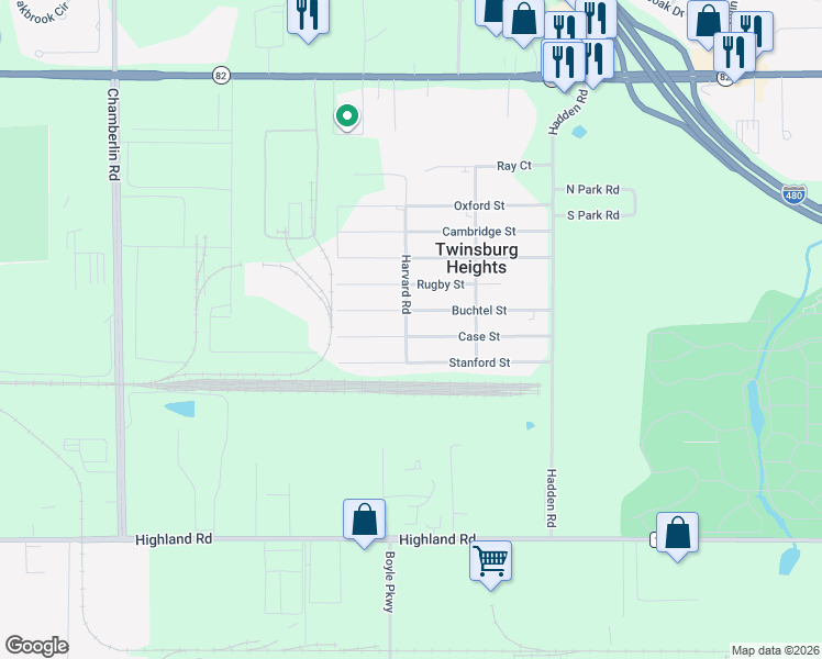 map of restaurants, bars, coffee shops, grocery stores, and more near 1943 Case Street in Twinsburg