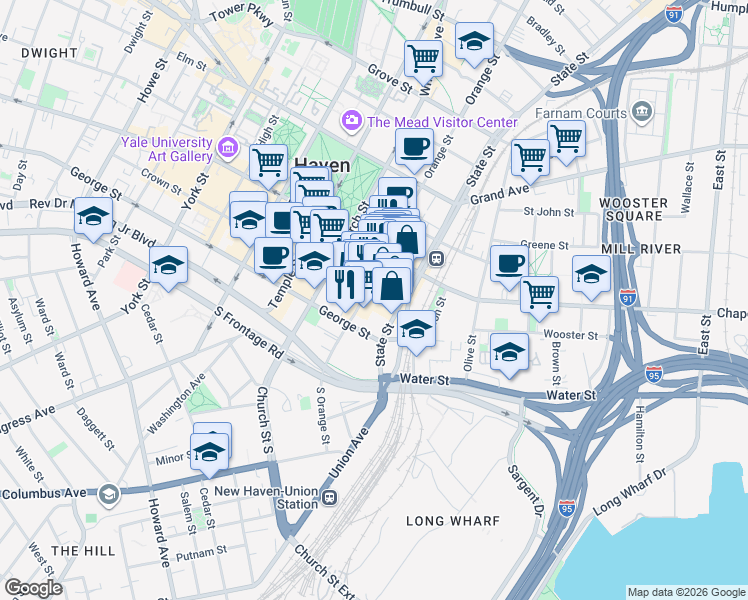 map of restaurants, bars, coffee shops, grocery stores, and more near in New Haven