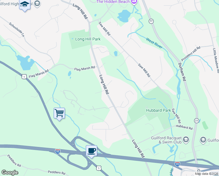 map of restaurants, bars, coffee shops, grocery stores, and more near 593 Long Hill Road in Guilford