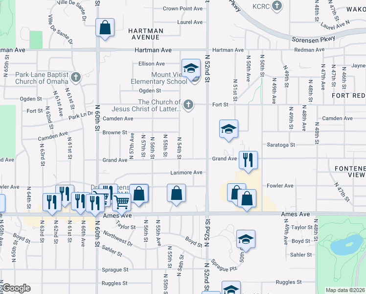 map of restaurants, bars, coffee shops, grocery stores, and more near 4925 North 54th Street in Omaha