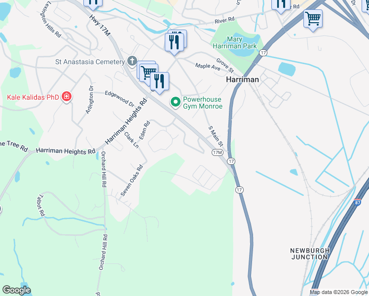 map of restaurants, bars, coffee shops, grocery stores, and more near 16 Summit Avenue in Harriman