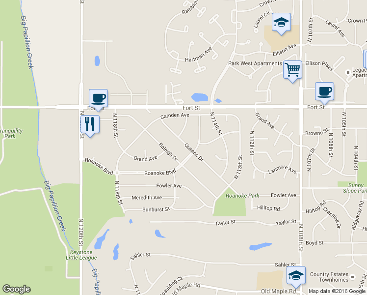 map of restaurants, bars, coffee shops, grocery stores, and more near 11517 Queens Drive in Omaha