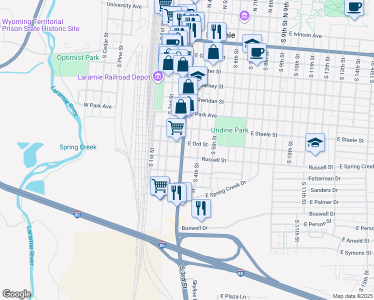 map of restaurants, bars, coffee shops, grocery stores, and more near 1009 South 3rd Street in Laramie