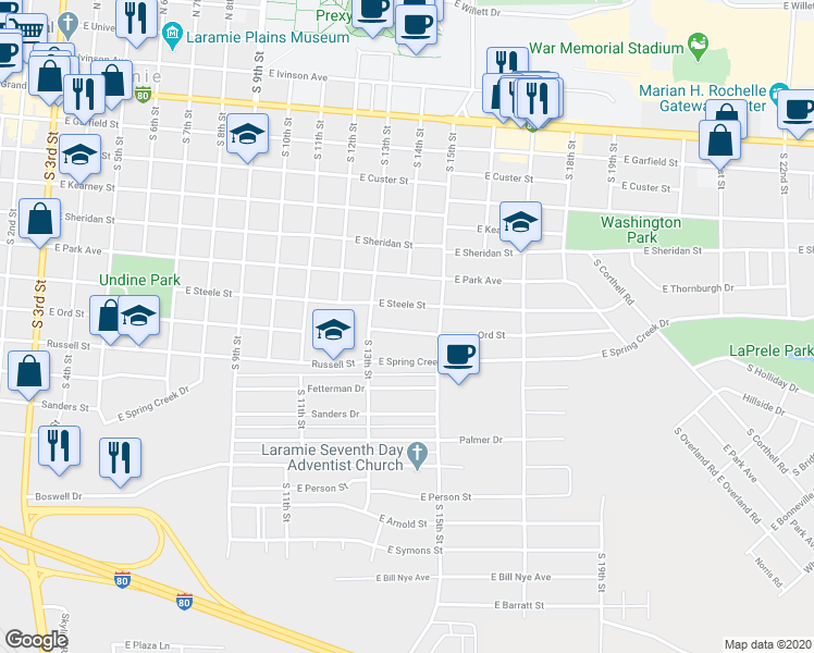 map of restaurants, bars, coffee shops, grocery stores, and more near 1403 Ord Street in Laramie