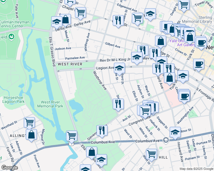 map of restaurants, bars, coffee shops, grocery stores, and more near 146 Sylvan Avenue in New Haven