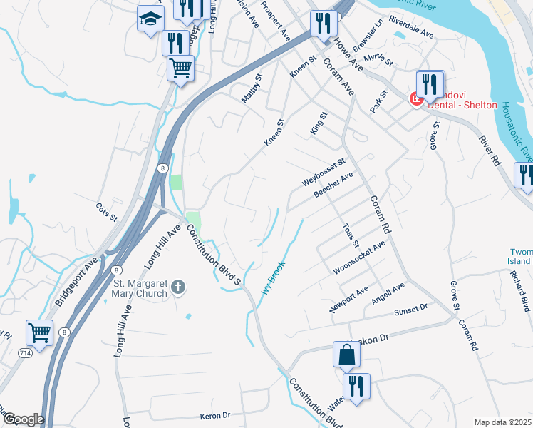 map of restaurants, bars, coffee shops, grocery stores, and more near 96 Ridge Lane in Shelton