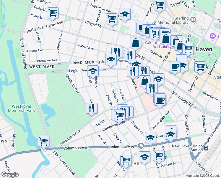 map of restaurants, bars, coffee shops, grocery stores, and more near 88 Asylum Street in New Haven