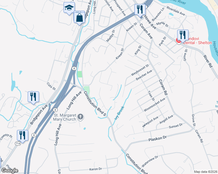 map of restaurants, bars, coffee shops, grocery stores, and more near 25 Birch Street in Shelton