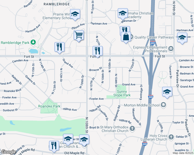 map of restaurants, bars, coffee shops, grocery stores, and more near 4915 North 107th Street in Omaha