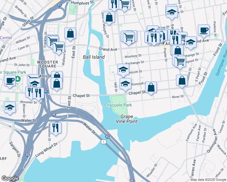 map of restaurants, bars, coffee shops, grocery stores, and more near 12 Mill Street in New Haven