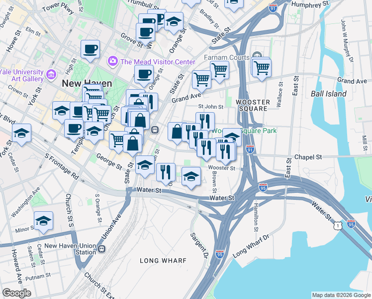 map of restaurants, bars, coffee shops, grocery stores, and more near 613 Chapel Street in New Haven