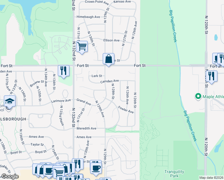 map of restaurants, bars, coffee shops, grocery stores, and more near 5044 North 128th Street in Omaha