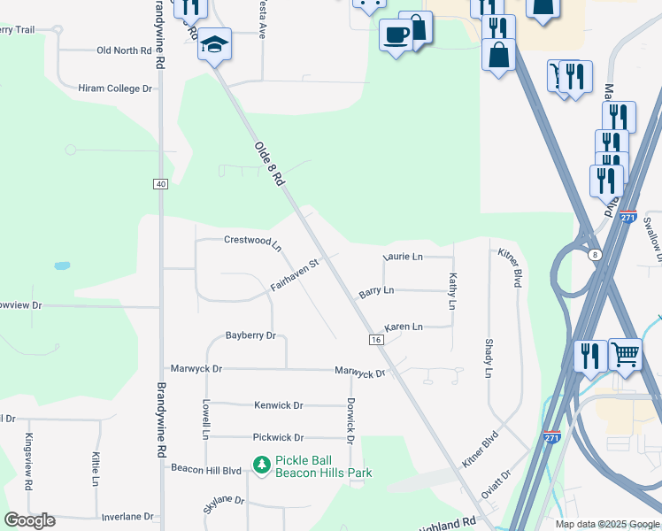 map of restaurants, bars, coffee shops, grocery stores, and more near 8902 Olde 8 Road in Northfield