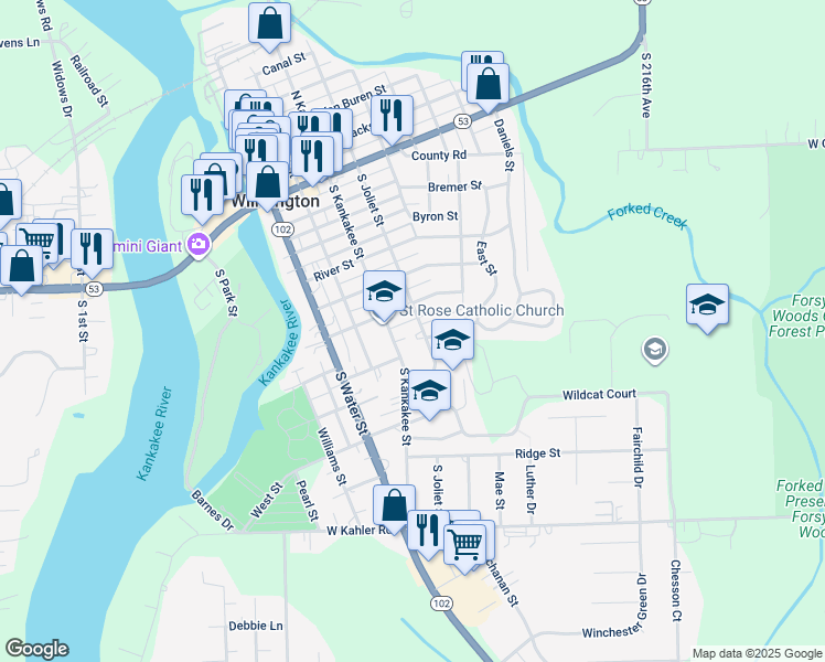 map of restaurants, bars, coffee shops, grocery stores, and more near 620 South Joliet Street in Wilmington