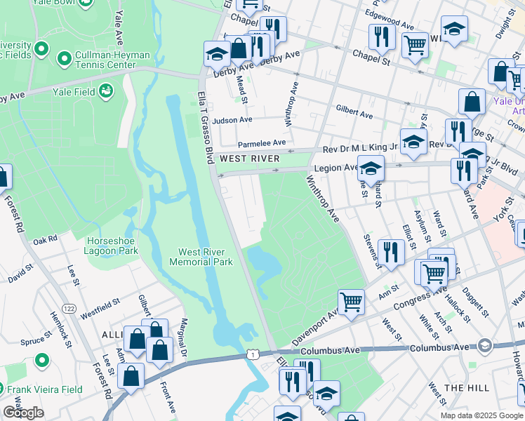 map of restaurants, bars, coffee shops, grocery stores, and more near 22 Tyler St in New Haven