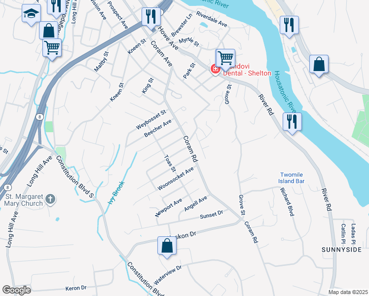 map of restaurants, bars, coffee shops, grocery stores, and more near 5A Pawtucket Avenue in Shelton