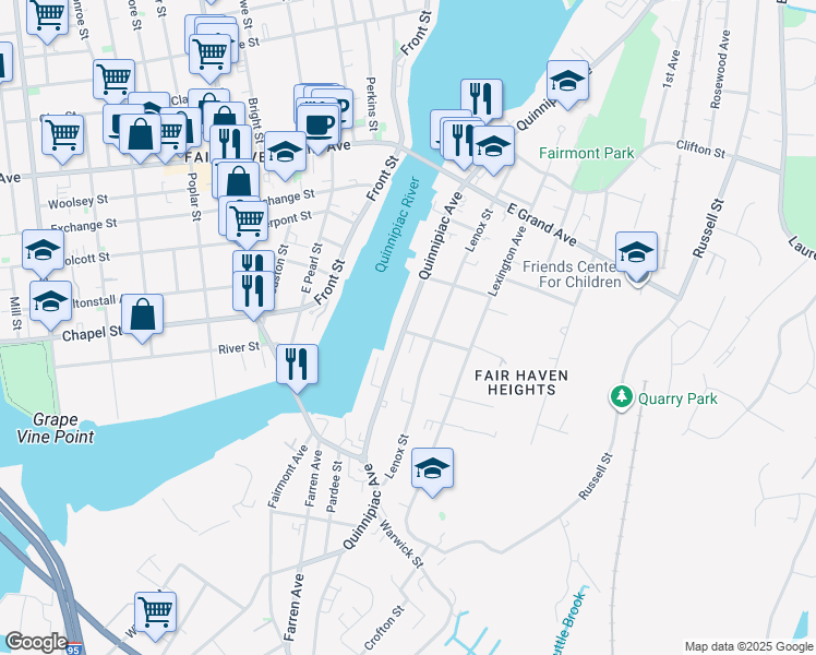 map of restaurants, bars, coffee shops, grocery stores, and more near 12 Oxford Street in New Haven
