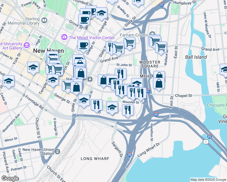 map of restaurants, bars, coffee shops, grocery stores, and more near in New Haven
