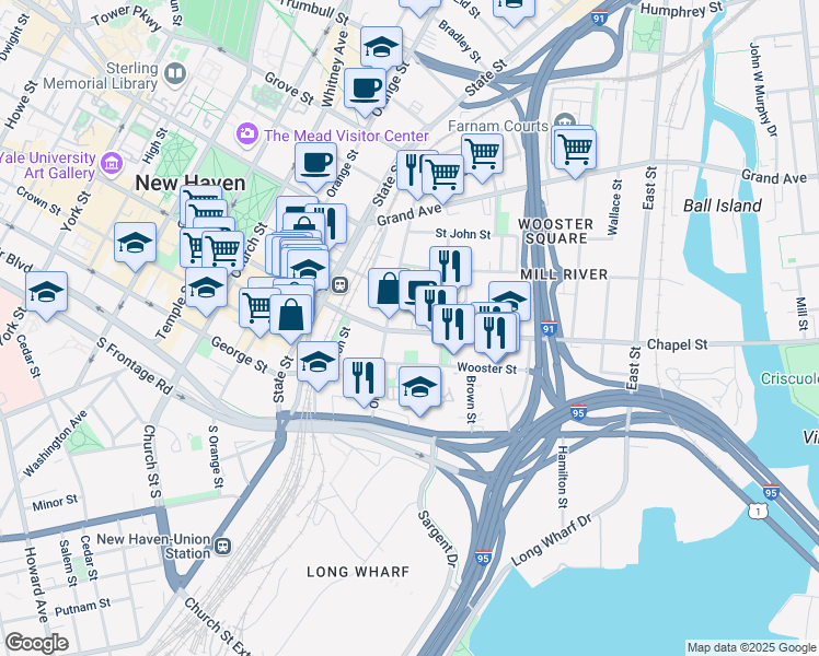 map of restaurants, bars, coffee shops, grocery stores, and more near 613 Chapel Street in New Haven
