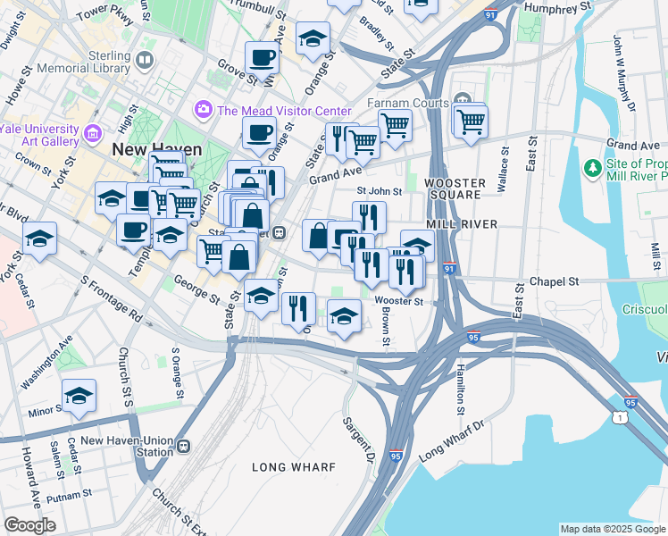 map of restaurants, bars, coffee shops, grocery stores, and more near 613 Chapel Street in New Haven