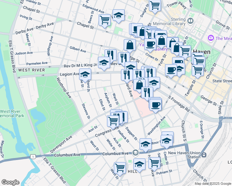map of restaurants, bars, coffee shops, grocery stores, and more near 123 Ward Street in New Haven