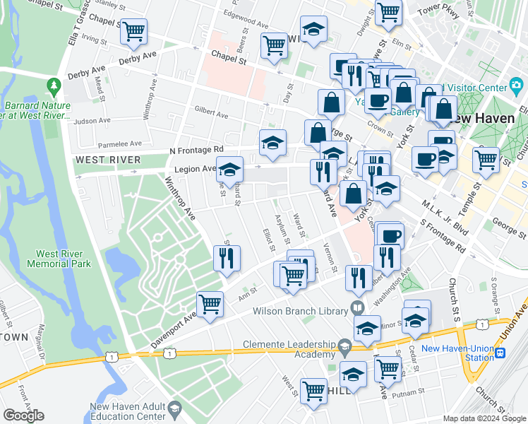 map of restaurants, bars, coffee shops, grocery stores, and more near 88 Asylum Street in New Haven