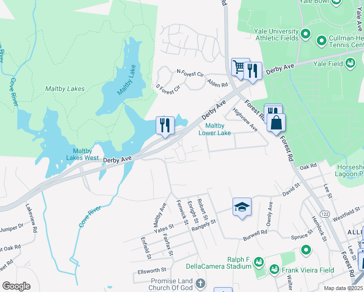 map of restaurants, bars, coffee shops, grocery stores, and more near 5 Elizabeth Street in West Haven