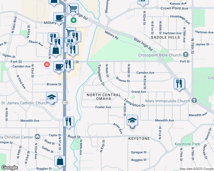 map of restaurants, bars, coffee shops, grocery stores, and more near 8620 Templeton Drive in Omaha
