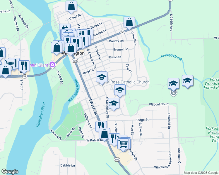 map of restaurants, bars, coffee shops, grocery stores, and more near 620 South Joliet Street in Wilmington