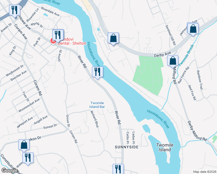 map of restaurants, bars, coffee shops, grocery stores, and more near 110 Connecticut 110 in Shelton