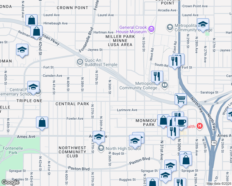 map of restaurants, bars, coffee shops, grocery stores, and more near 4928 North 35th Street in Omaha