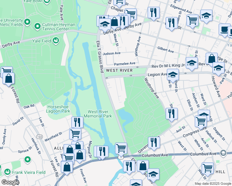 map of restaurants, bars, coffee shops, grocery stores, and more near 50 Porter Street in New Haven