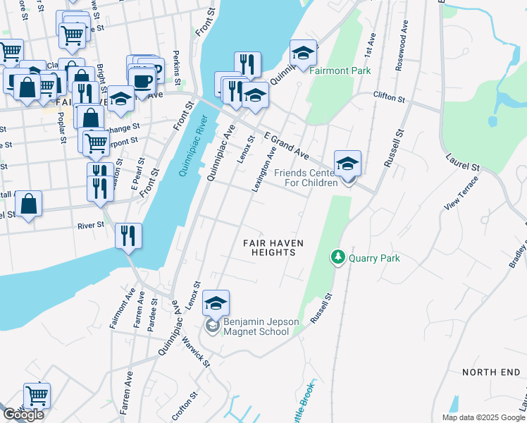 map of restaurants, bars, coffee shops, grocery stores, and more near 9 Eldridge Street in New Haven