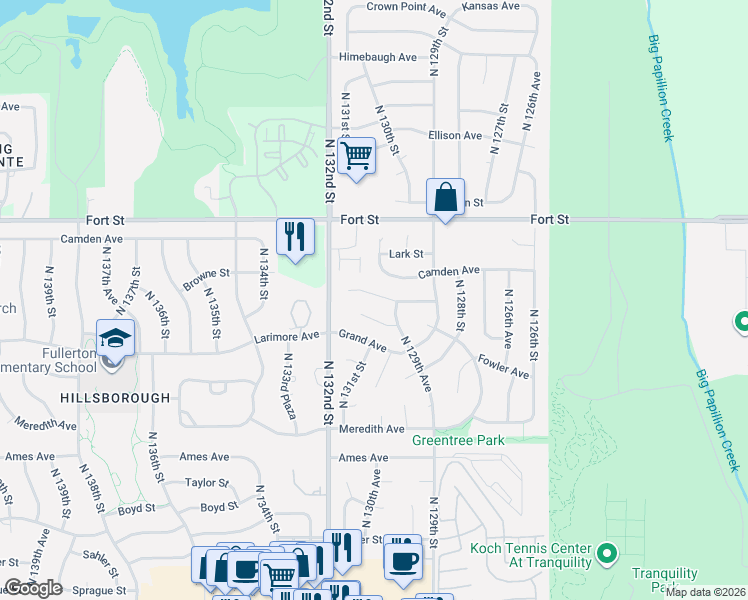 map of restaurants, bars, coffee shops, grocery stores, and more near 12955 Browne Circle in Omaha