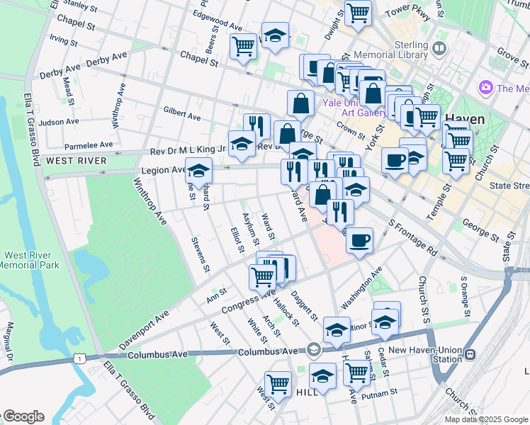 map of restaurants, bars, coffee shops, grocery stores, and more near 123 Ward St in New Haven