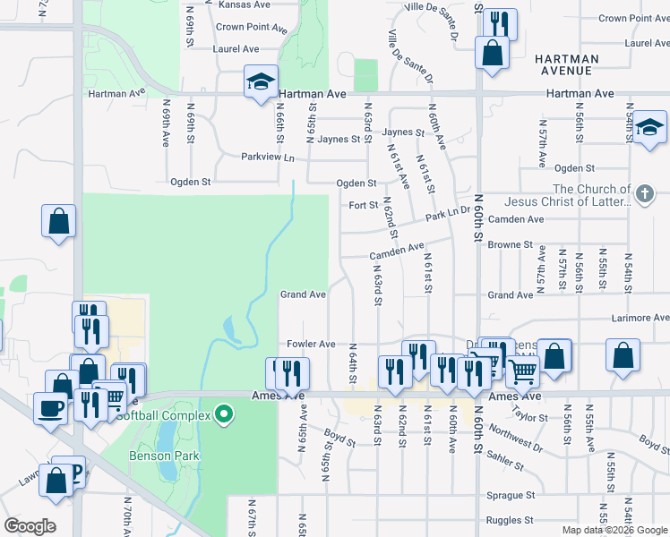 map of restaurants, bars, coffee shops, grocery stores, and more near 5008 North 64th Street in Omaha