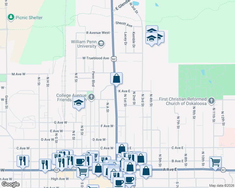 map of restaurants, bars, coffee shops, grocery stores, and more near 1010 North Market Street in Oskaloosa