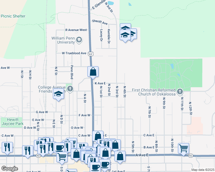map of restaurants, bars, coffee shops, grocery stores, and more near 1109 North 2nd Street in Oskaloosa