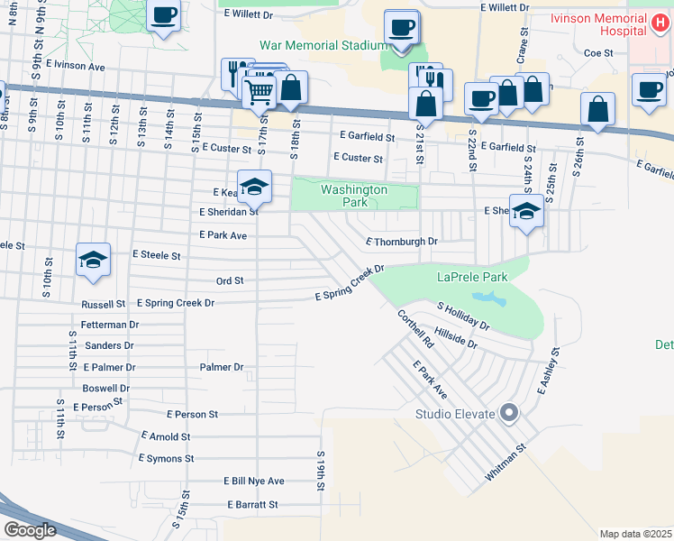 map of restaurants, bars, coffee shops, grocery stores, and more near 1915 East Park Avenue in Laramie
