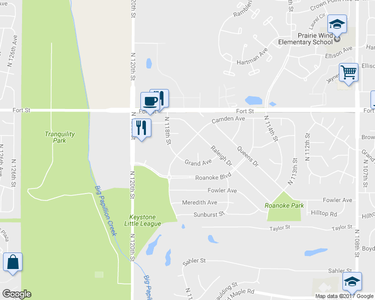 map of restaurants, bars, coffee shops, grocery stores, and more near 11735 Camden Avenue in Omaha