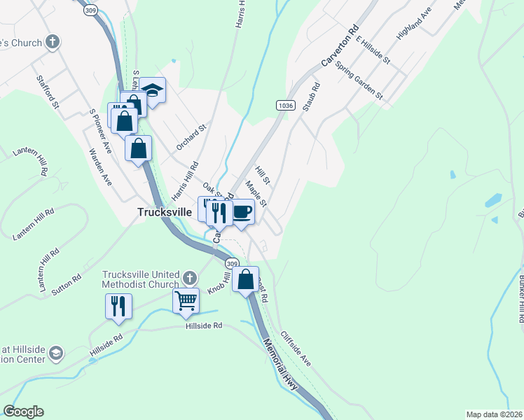 map of restaurants, bars, coffee shops, grocery stores, and more near 230 Maple St in Back Mountain