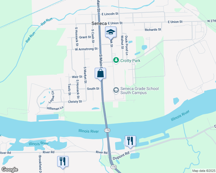 map of restaurants, bars, coffee shops, grocery stores, and more near 392 South Main Street in Seneca