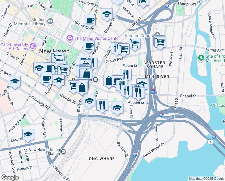 map of restaurants, bars, coffee shops, grocery stores, and more near 613 Chapel Street in New Haven