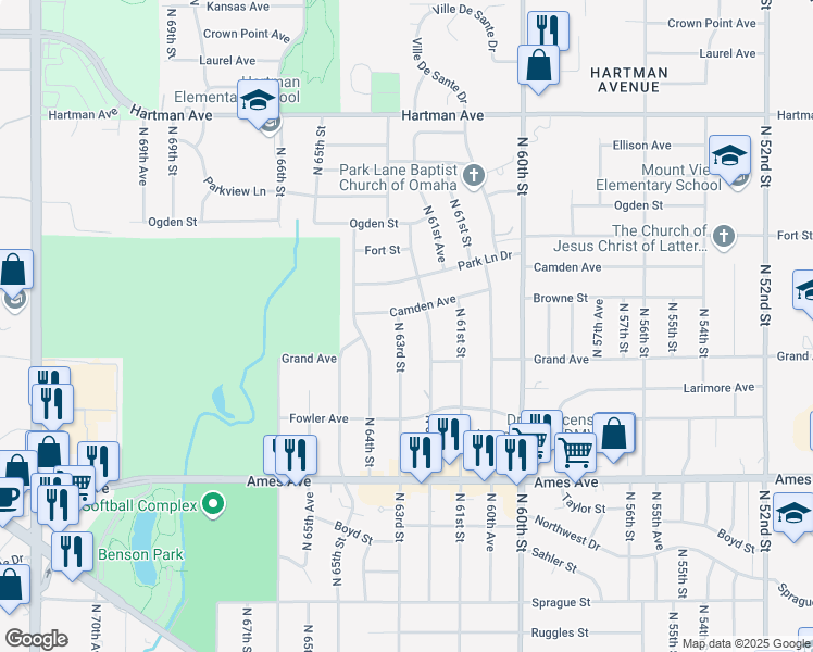 map of restaurants, bars, coffee shops, grocery stores, and more near 4923 North 63rd Street in Omaha