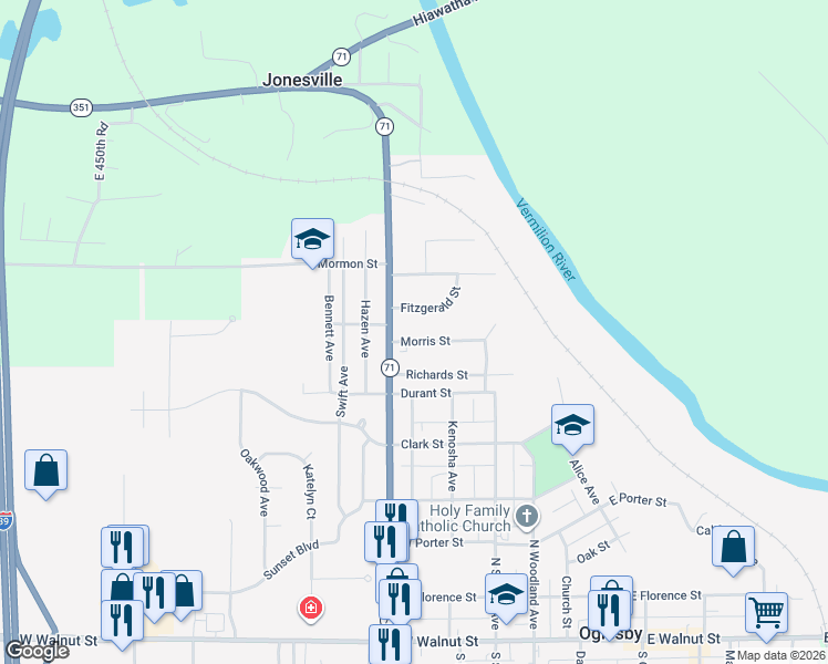 map of restaurants, bars, coffee shops, grocery stores, and more near 430 Morris Street in Oglesby