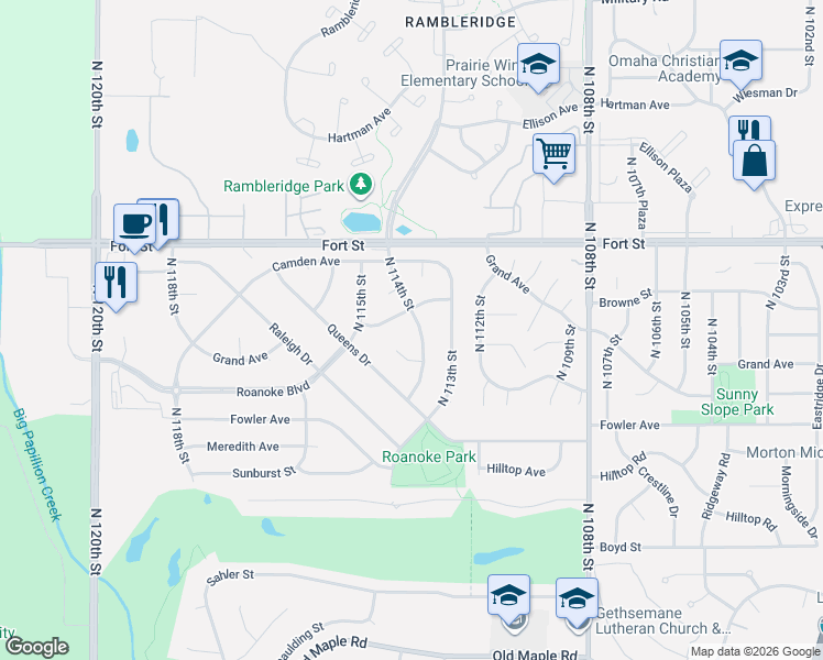 map of restaurants, bars, coffee shops, grocery stores, and more near 4930 North 114th Street in Omaha