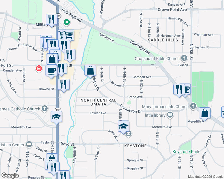 map of restaurants, bars, coffee shops, grocery stores, and more near 8466 Grand Avenue in Omaha
