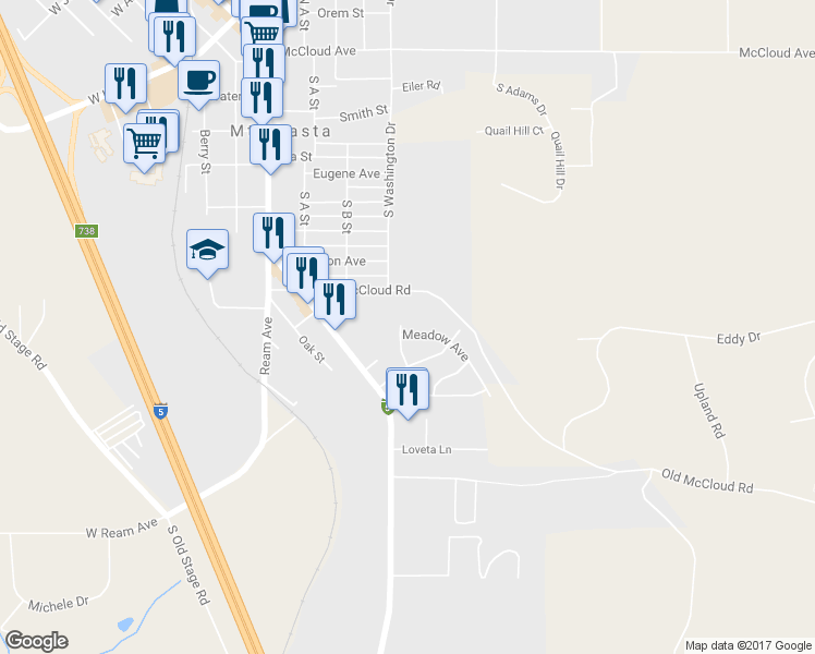 map of restaurants, bars, coffee shops, grocery stores, and more near 508 Glen Mar Drive in Mount Shasta