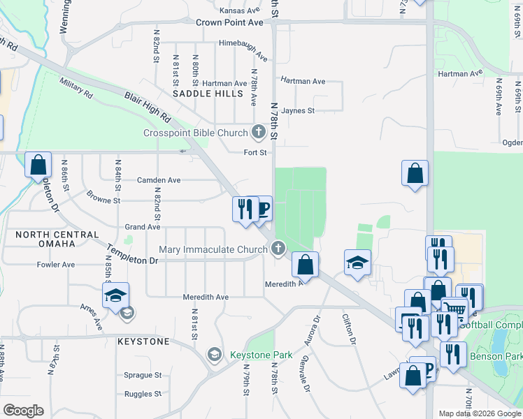 map of restaurants, bars, coffee shops, grocery stores, and more near 7816 Military Ave in Omaha
