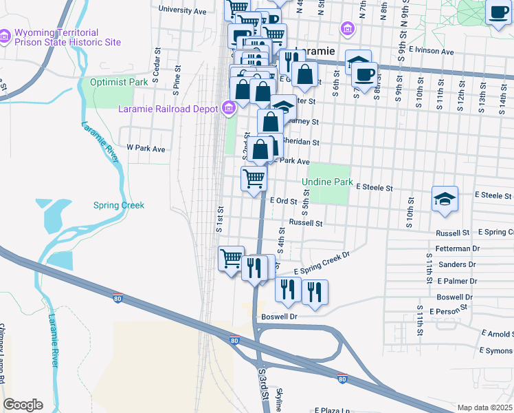 map of restaurants, bars, coffee shops, grocery stores, and more near 1009 South 3rd Street in Laramie